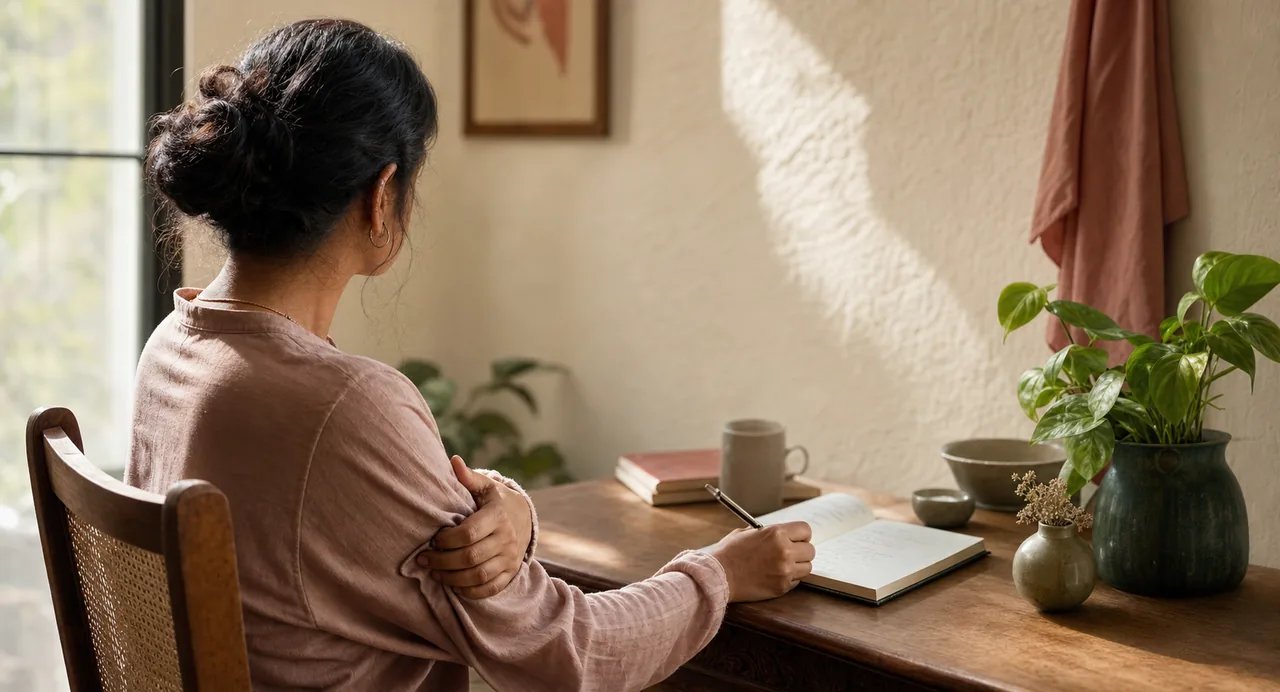 A woman pausing at a writing desk in a calm home.