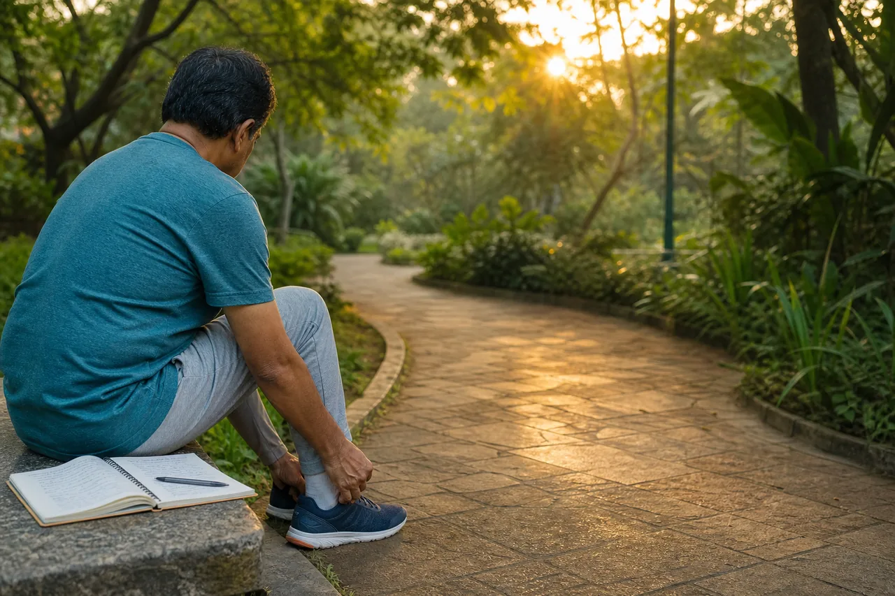 A person tying walking shoes beside a peaceful garden path.