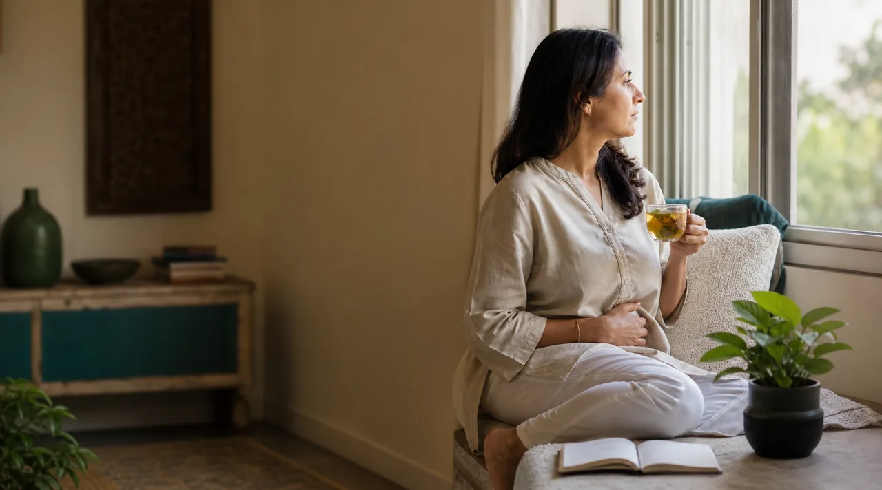 A person resting by a window with a cup of herbal tea.