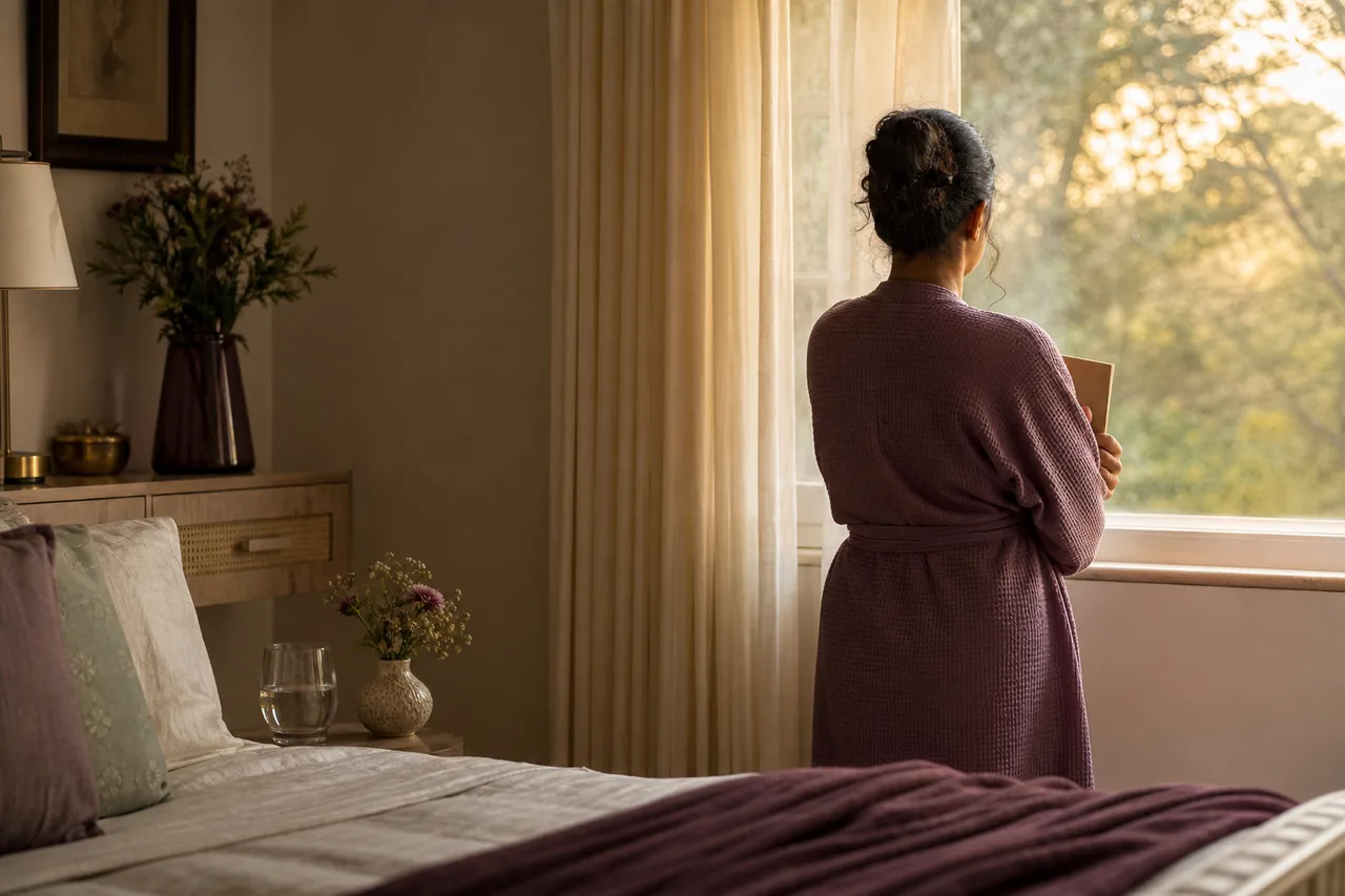 A woman standing at a window with a journal in soft morning light.