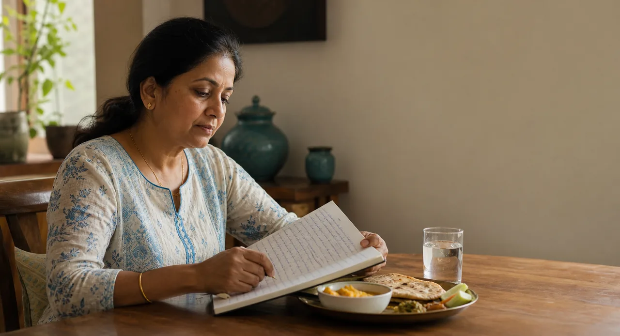 A woman reviewing a health journal at a dining table.