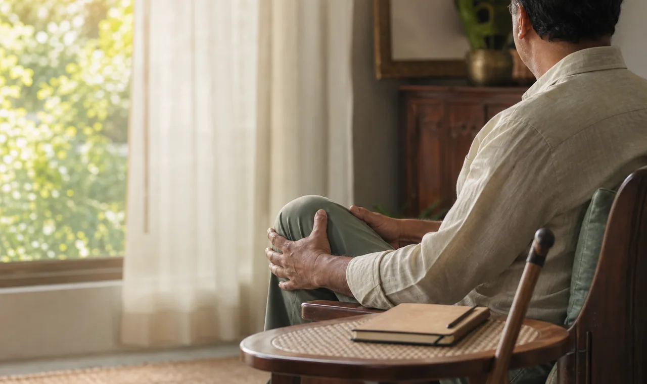 A person sitting quietly by a window, holding their knee in reflection.