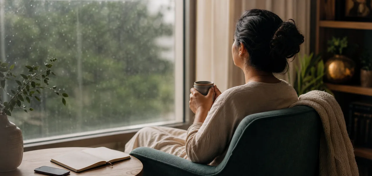 A person resting with a warm cup by a window.